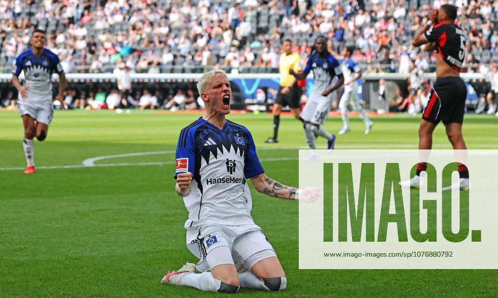 Frankfurt, Germany 02 May 2026 1 BL 2025 2026 Sp 32 Eintracht Frankfurt v Hamburger SV In the picture Goalscorer Albert Gronbk HSV is happy about his goal to equalize 1 1 DFL regulations prohibit any use of photographs as image sequences and or quasi video Deutsche Bank Park Hessen