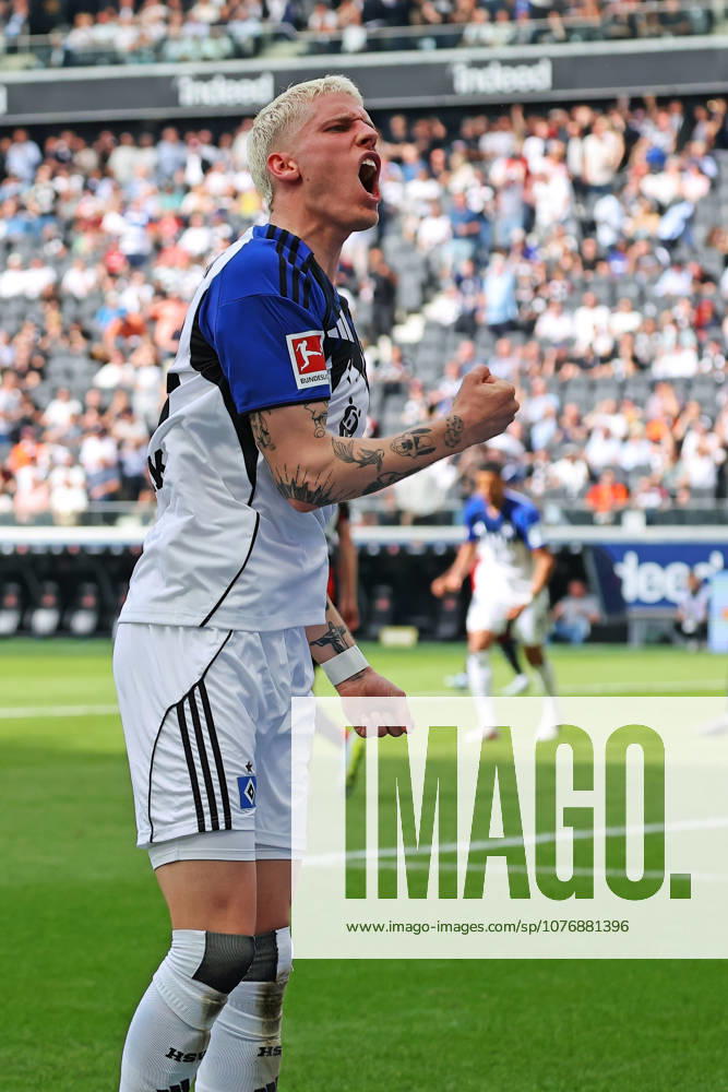 Frankfurt, Germany 02 May 2026 1 BL 2025 2026 Sp 32 Eintracht Frankfurt v Hamburger SV In the picture Goalscorer Albert Gronbk HSV is happy about his goal to equalize 1 1 DFL regulations prohibit any use of photographs as image sequences and or quasi video Deutsche Bank Park Hessen