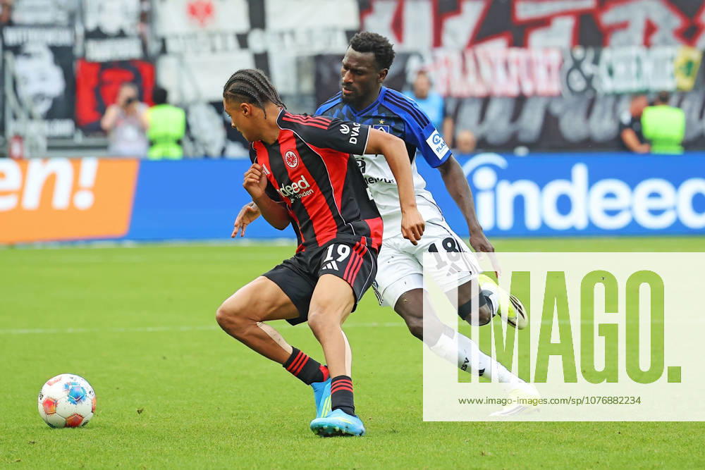 Frankfurt, Germany 02 May 2026 1 BL 2025 2026 Sp 32 Eintracht Frankfurt v Hamburger SV In picture from left in duel Jean Bahoya Frankfurt v Bakery Jatta HSV DFL regulations prohibit any use of photographs as image sequences and or quasi video Deutsche Bank Park Hessen
