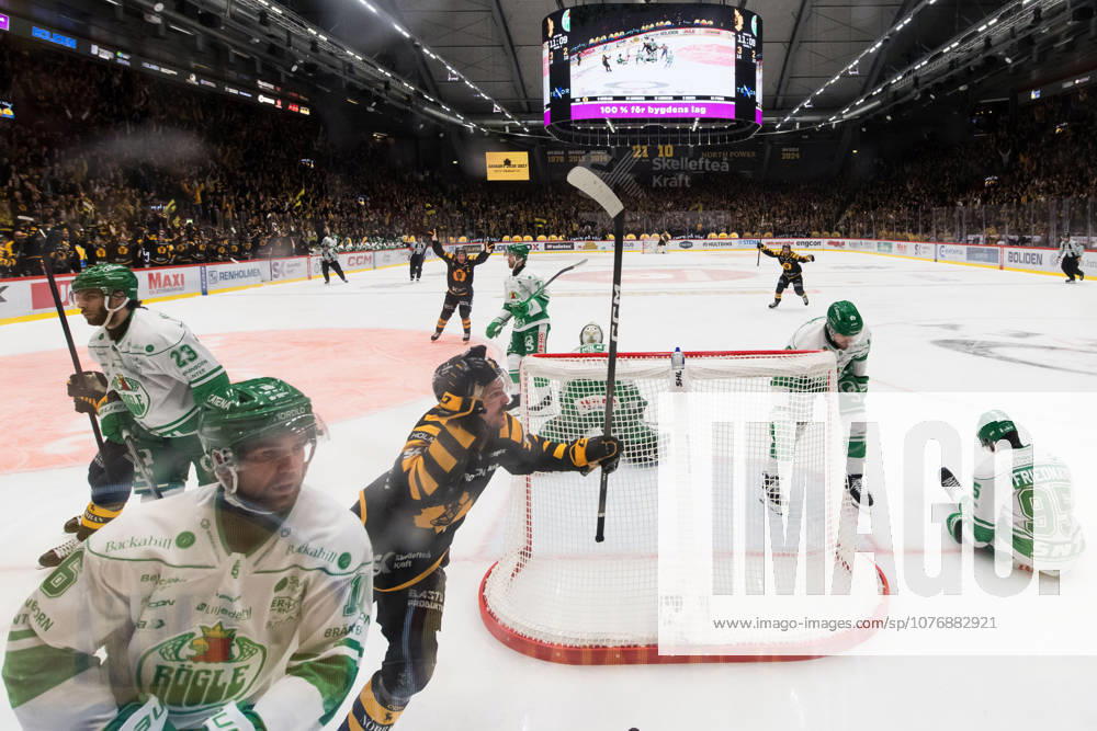 Skellefteas Oliver Okuliar cheers after 4 2 during the final five in SHL between Skelleftea and Rögle on May 2, 2026 in Skelleftea