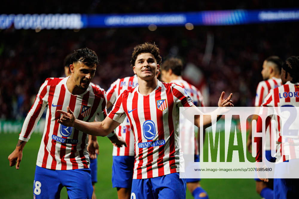 Julian Alvarez seen celebrating after scoring goal during UEFA Champions League semifinal game between teams of Atletico de Madrid and Arsenal FC (Maciej Rogowski Ball Raw Images) Madrid Riyadh Air Metropolitano Spain
