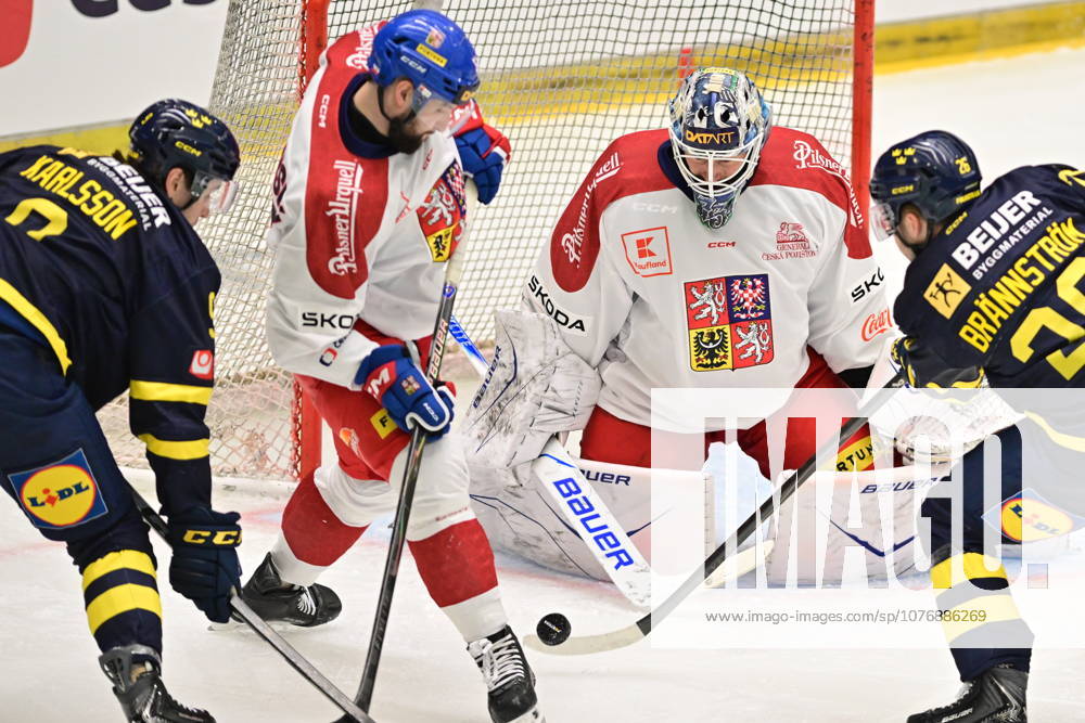 Czech Hockey Games, part of Euro Hockey tour series match Czech Republic vs. Sweden in Ceske Budejovice, May 2, 2026. From left Linus Karlsson of Sweden, Czech Libor Zabransky, Czech Jiri Patera, Erik Brannstrom of Sweden. (CTKxPhoto VaclavxPancer) CTKPhotoP2026050203808 CTKPhotoP2026050203808