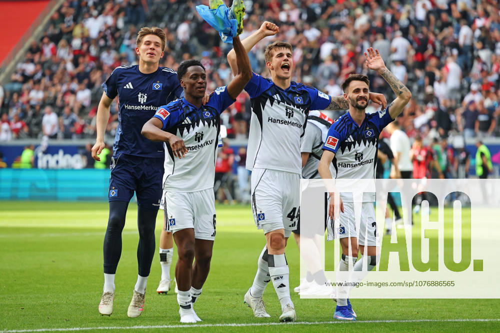 Frankfurt, Germany 02 May 2026 1 BL 2025 2026 Sp 32 Eintracht Frankfurt v Hamburger SV Pictured from left Albert Lokonga HSV , Luka Vuskovic HSV and Fabio Vieira HSV celebrate the away win DFL regulations prohibit any use of photographs as image sequences and or quasi video Deutsche Bank Park Hessen