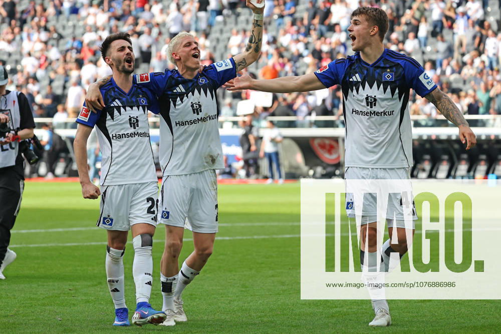 Frankfurt, Germany 02 May 2026 1 BL 2025 2026 Sp 32 Eintracht Frankfurt v Hamburger SV Pictured from left Fabio Vieira HSV , Albert Gronbk HSV and Luka Vuskovic HSV celebrate the 2 1 away win DFL regulations prohibit any use of photographs as image sequences and or quasi video Deutsche Bank Park Hessen