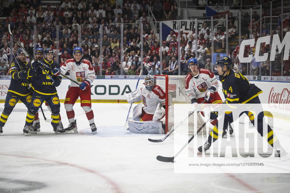 Czech Hockey Games, part of Euro Hockey tour series match Czech Republic vs. Sweden in Ceske Budejovice, May 2, 2026. Czech goalie Jiri Patera, centre, Czech Jaroslav Chmela, 2nd right, Jacob Larsson of Sweden, right. (CTKxPhoto VaclavxPancer) CTKPhotoP2026050204751 CTKPhotoP2026050204751