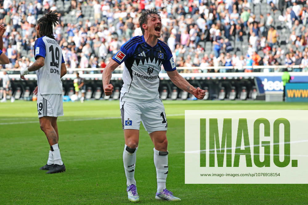 Frankfurt, Germany 02 May 2026 1 BL 2025 2026 Sp 32 Eintracht Frankfurt v Hamburger SV In the picture Giorgi Gocholeishvili HSV is exuberantly happy about the 2 1 away win DFL regulations prohibit any use of photographs as image sequences and or quasi video Deutsche Bank Park Hessen