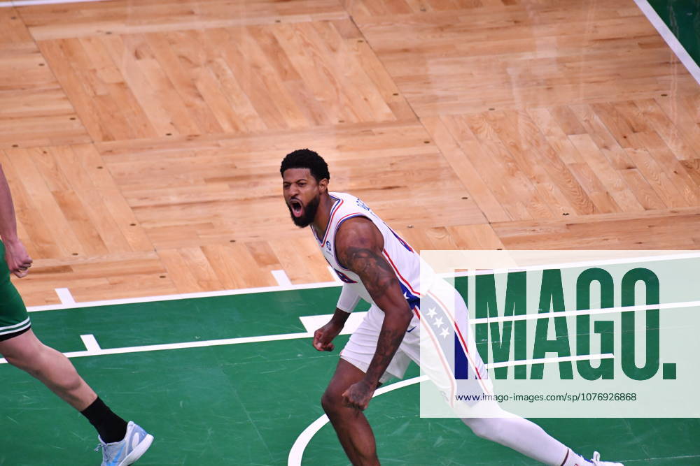 Boston Celtics v Philadelphia 76ers - NBA, Basketball Herren, USA Playoffs BOSTON, UNITED STATES - MAY 02:Paul George (8) of the Philadelphia 76ers celebrates after scoring a shot on net during the Game Seven of the First Round of the NBA Eastern Conference Playoffs at TD Garden in Boston, Massachusetts, on May 02, 2026. Joseph Prezioso Anadolu Massachusetts United States. Editorial use only. Please get in touch for any other usage.