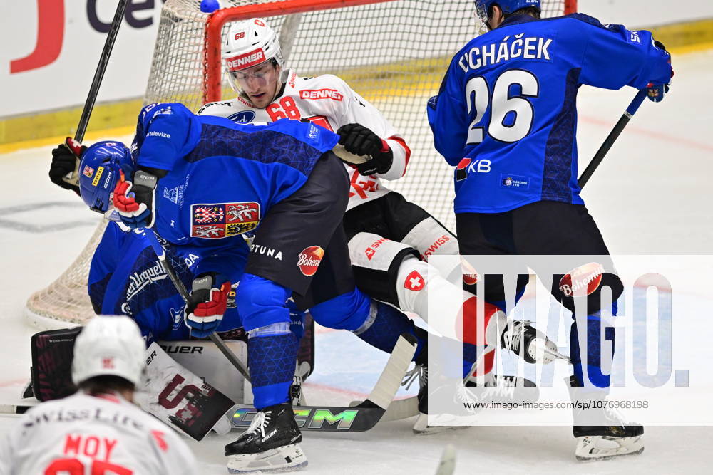 Czech Hockey Games, part of Euro Hockey tour series match Czech Republic vs. Switzerland in Ceske Budejovice, May 3, 2026. From left Czech goalie Josef Korenar, Jiri Cernoch of Czech Republic, Fabrice Herzog of Switzerland and Czech Jiri Tichacek. (CTKxPhoto VaclavxPancer) CTKPhotoP2026050303817 CTKPhotoP2026050303817