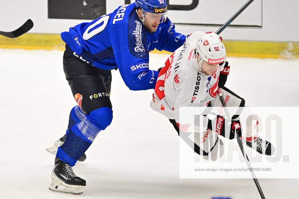 Czech Hockey Games, part of Euro Hockey tour series match Czech Republic vs. Switzerland in Ceske Budejovice, May 3, 2026. From left Czech Marcel Marcel, Gaetan Haas of Switzerland. (CTKxPhoto VaclavxPancer) CTKPhotoP2026050304226 CTKPhotoP2026050304226