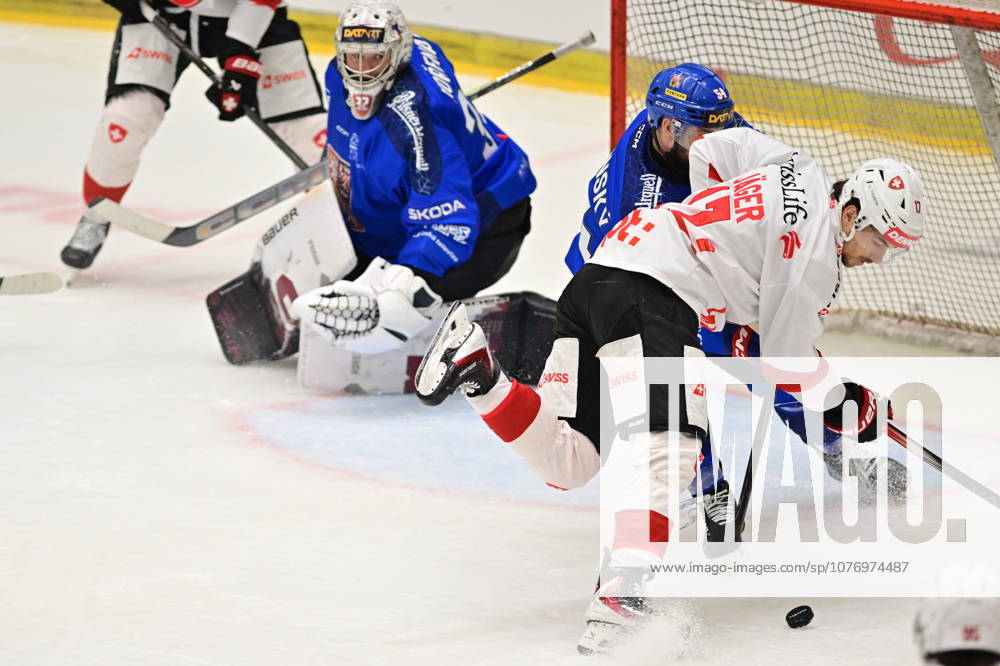 Czech Hockey Games, part of Euro Hockey tour series match Czech Republic vs. Switzerland in Ceske Budejovice, May 3, 2026. From left Czech Josef Korenar, Czech Libor Zabransky, Ken Jager of Switzerland. (CTKxPhoto VaclavxPancer) CTKPhotoP2026050304267 CTKPhotoP2026050304267