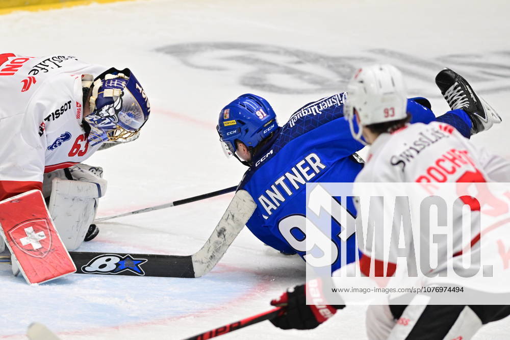 Czech Hockey Games, part of Euro Hockey tour series match Czech Republic vs. Switzerland in Ceske Budejovice, May 3, 2026. From left goalie of Switzerland Leonardo Genoni, Matyas Kantner of Czech Republic. (CTKxPhoto VaclavxPancer) CTKPhotoP2026050304308 CTKPhotoP2026050304308