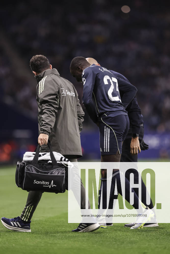 Ferland Mendy of Real Madrid CF leaves the pitch after sustaining an injury during the Spanish league, LaLiga EA Sports, football match played between RCD Espanyol and Real Madrid C.F. at RCDE Stadium on May 03, 2026 in Cornella, Spain. RCD Espanyol V Real Madrid C.F. - LaLiga EA Sports - ZUMAa181 20260503_zaa_a181_509