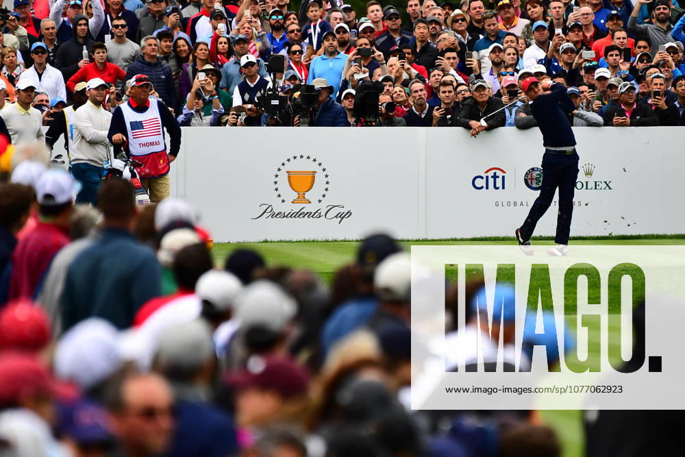 Jersey City, New Jersey, U.S - Rickie Fowler of the US Team tees off the 18th tee during Saturday matches of the Presidents Cup at Liberty National Golf Club in Jersey City, NJ