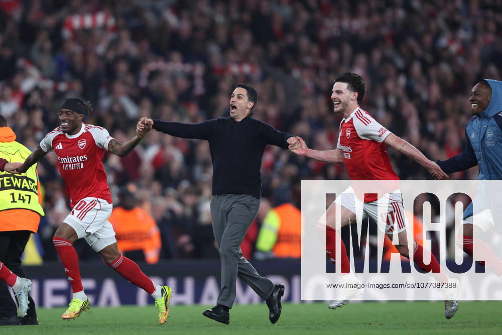 London, England, 5th May 2026. Mikel Arteta manager of Arsenal celebrates with Noni Madueke (L) and Declan Rice of Arsenal after the Arsenal vs Atletico Madrid UEFA Champions League match at the Emirates Stadium, London. Picture credit should read: David Klein Sportimage . SPI_146_DK_Arsenal_Athletico_Madrid SPI-4781-0146