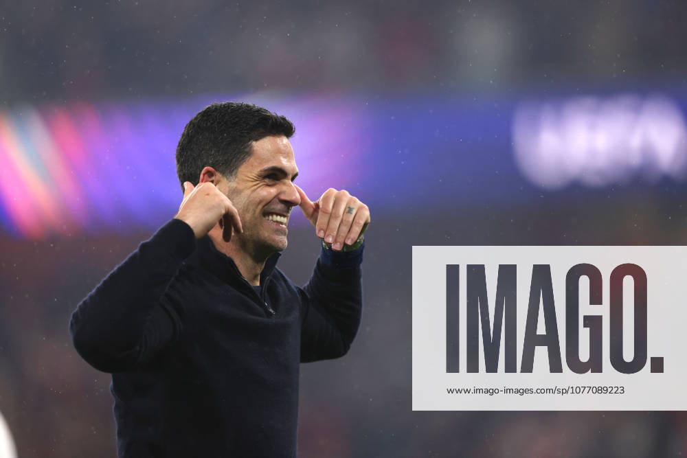 Mikel Arteta (Arsenal manager) celebrates after the final whistle as Arsenal win at the Arsenal v Atletico Madrid UEFA Champions League semi-final 2nd leg match, at the Emirates Stadium, London, UK on 5th May, 2026. .