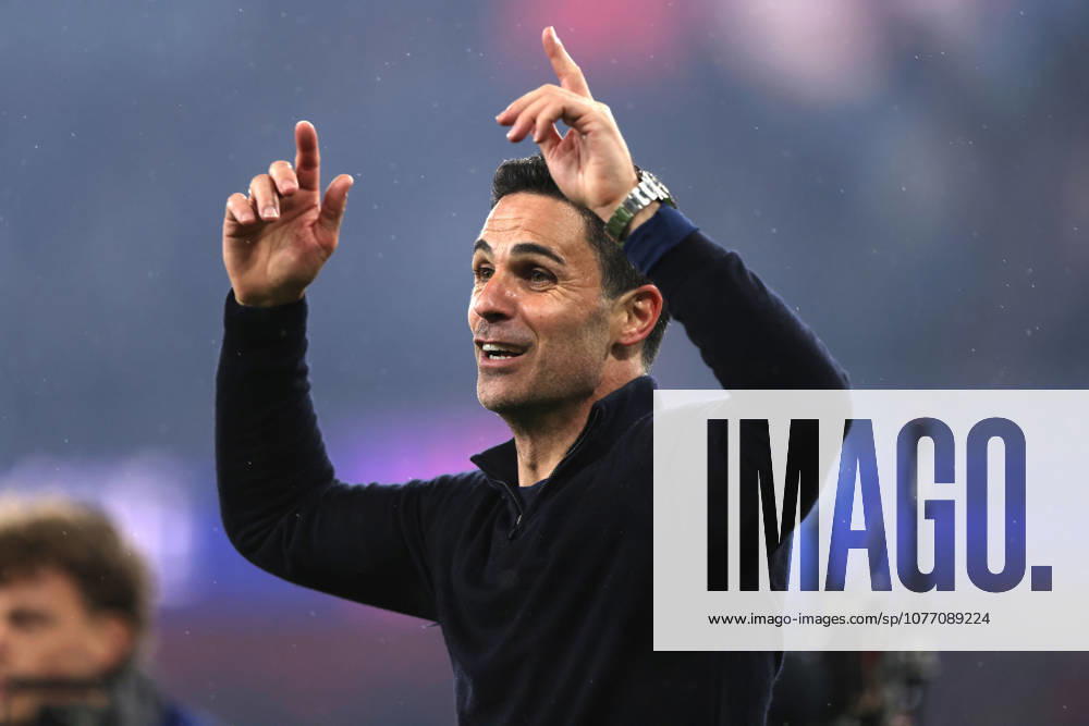 Mikel Arteta (Arsenal manager) celebrates at the final whistle at the Arsenal v Atletico Madrid UEFA Champions League semi-final 2nd leg match, at the Emirates Stadium, London, UK on 5th May, 2026. .