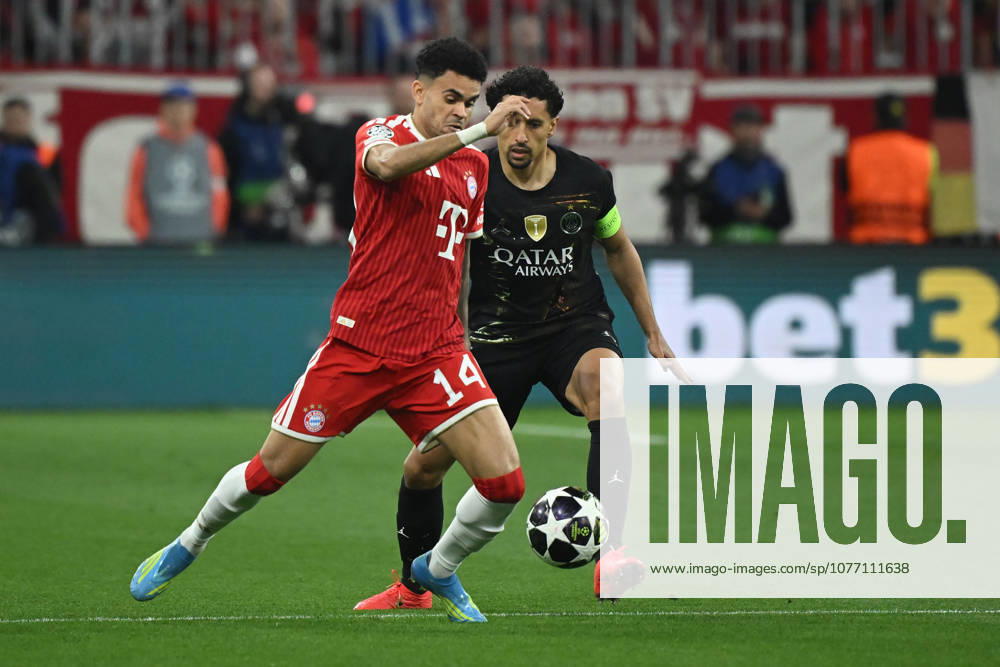 Football UEFA Champions League 1 2 Final, FC Bayern Muenchen Paris St Germain v l Luis Diaz FC Bayern Muenchen Marquinhos Paris St Germain duel, action, action, battle for the ball Muenchen