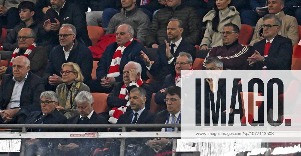 Football UEFA Championsleague 2025 2026 semi-final second leg, FC Bayern Munich Paris St Germain, in the Allianz Arena Munich, from left former Chairman of the Board Karl Heinz Rummenigge FC Bayern Munich , Honorary President Uli Hoeneß FC Bayern Munich, Hoeness , x, Chief Sports Officer Max Eberl Bayern Munich and Chairman of the Board Jan Christian Dreesen FC Bayern Munich and below President Herbert Hainer FC Bayern DFL and DFB regulations prohibit any use of photographs as image sequences and or quasi video