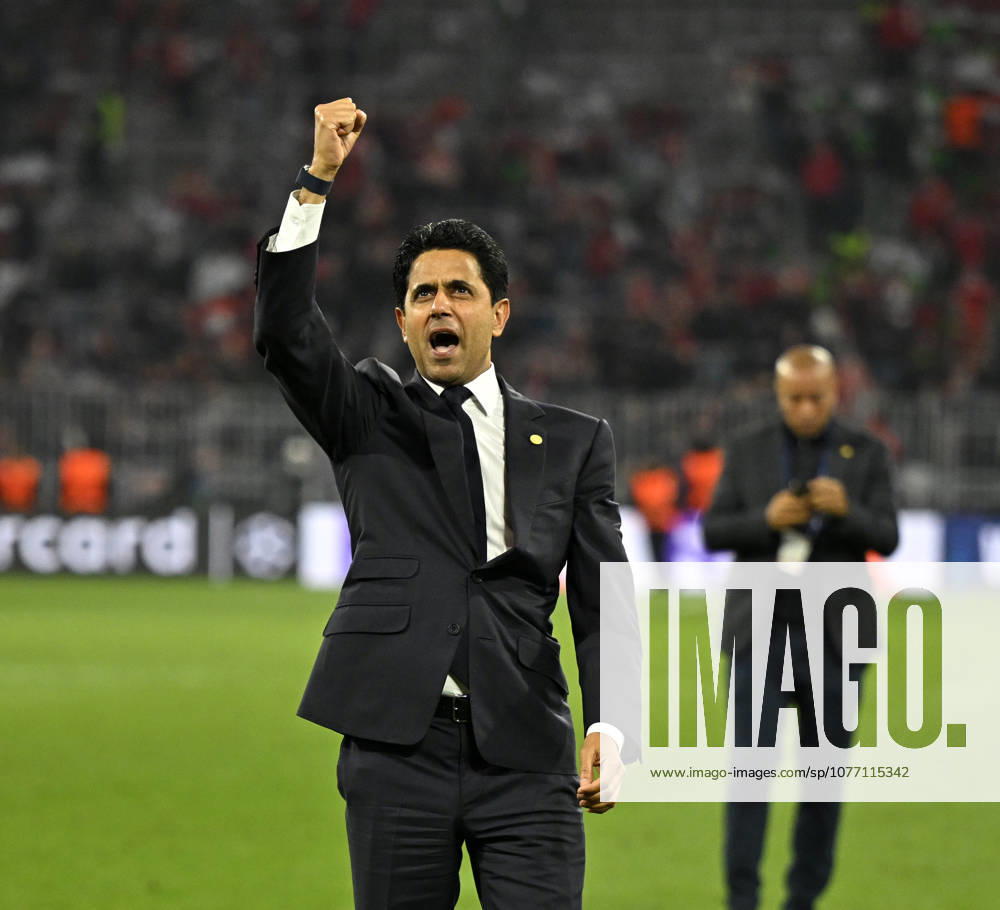 Football UEFA Championsleague 2025 2026 semi-final second leg, FC Bayern Munich Paris St Germain, at Allianz Arena Munich, Nasser Ghanim Al Khelaifi Paris celebrates after the match DFL and DFB regulations prohibit any use of photographs as image sequences and or quasi video
