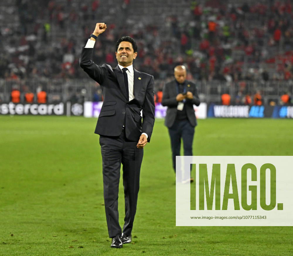 Football UEFA Championsleague 2025 2026 semi-final second leg, FC Bayern Munich Paris St Germain, at Allianz Arena Munich, Nasser Ghanim Al Khelaifi Paris celebrates after the match DFL and DFB regulations prohibit any use of photographs as image sequences and or quasi video