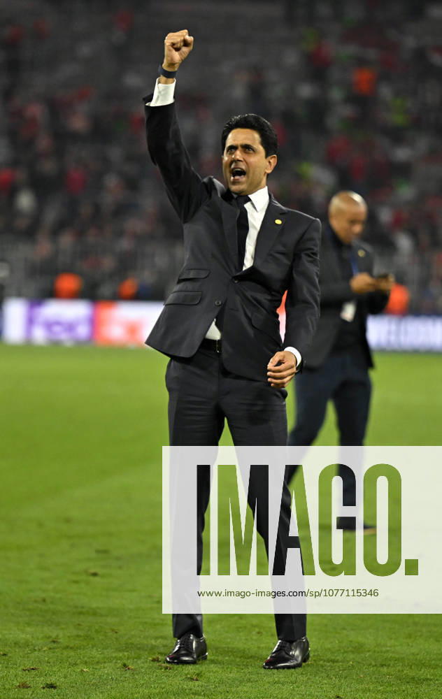Football UEFA Championsleague 2025 2026 semi-final second leg, FC Bayern Munich Paris St Germain, at Allianz Arena Munich, Nasser Ghanim Al Khelaifi Paris celebrates after the match DFL and DFB regulations prohibit any use of photographs as image sequences and or quasi video