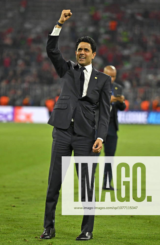 Football UEFA Championsleague 2025 2026 semi-final second leg, FC Bayern Munich Paris St Germain, at Allianz Arena Munich, Nasser Ghanim Al Khelaifi Paris celebrates after the match DFL and DFB regulations prohibit any use of photographs as image sequences and or quasi video