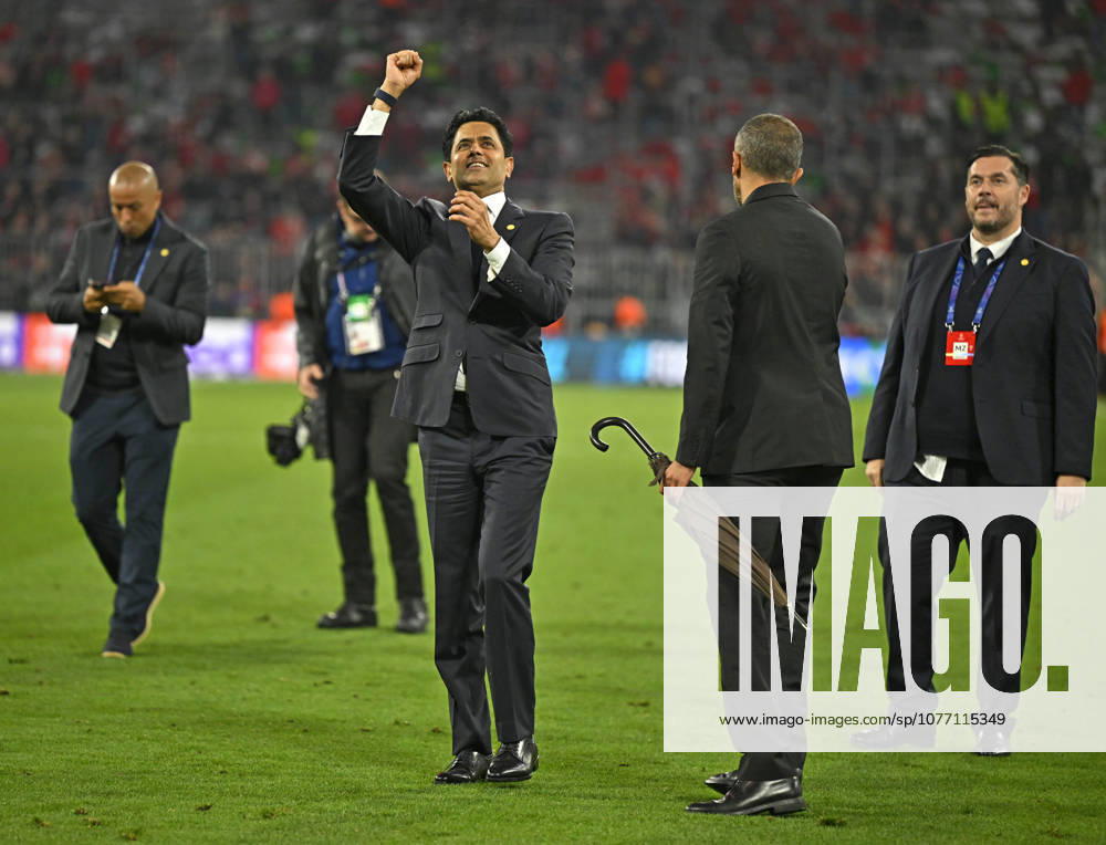 Football UEFA Championsleague 2025 2026 semi-final second leg, FC Bayern Munich Paris St Germain, at Allianz Arena Munich, Nasser Ghanim Al Khelaifi Paris celebrates after the match DFL and DFB regulations prohibit any use of photographs as image sequences and or quasi video
