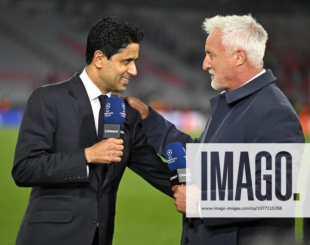 Football UEFA Championsleague 2025 2026 semi-final second leg, FC Bayern Munich Paris St Germain, at Allianz Arena Munich, Nasser Ghanim Al Khelaifi li, Paris and David Ginolo France DFL and DFB regulations prohibit any use of photographs as image sequences and or quasi video