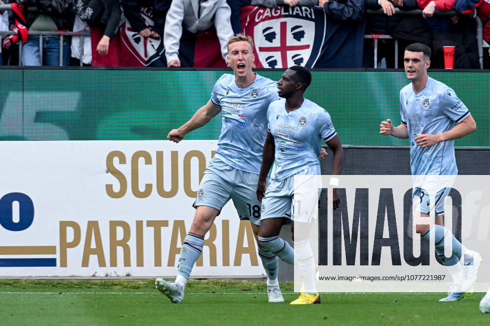 Udinese s Adam Buksa celebrates after scoring the goal for 0-1 during the Serie A soccer match between Cagliari Calcio and Udinese at the Unipol Domus in Cagliari, Sardinia - Saturday 9th May. - Soccer