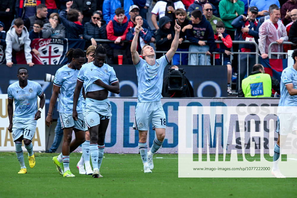 Udinese s Adam Buksa celebrates after scoring the goal for 0-1 during the Serie A soccer match between Cagliari Calcio and Udinese at the Unipol Domus in Cagliari, Sardinia - Saturday 9th May. - Soccer