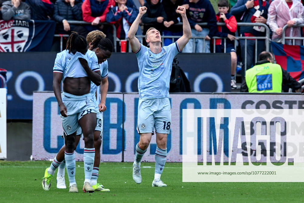 Udinese s Adam Buksa celebrates after scoring the goal for 0-1 during the Serie A soccer match between Cagliari Calcio and Udinese at the Unipol Domus in Cagliari, Sardinia - Saturday 9th May. - Soccer