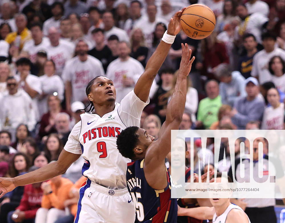 Detroit Pistons Ausar Thompson (9) blocks the shot of Cleveland Cavaliers Donovan Mitchell (45) in the fourth quarter in Cleveland, Ohio Saturday May 9, 2026. The Cavaliers defeated the Pistons 116-109. CLE20260509117 AARONxJOSEFCZYK