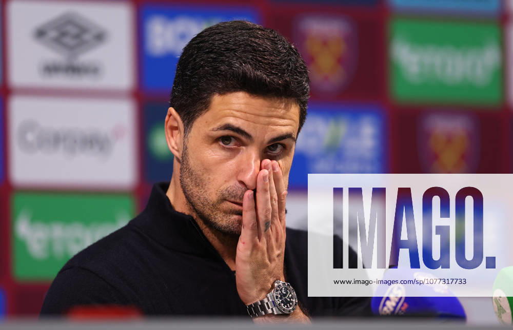 London, England, 10th May 2026. Mikel Arteta, Manager of Arsenal talks in a press conference, PK, Pressekonferenz after the West Ham United vs Arsenal Premier League match at the London Stadium, London. Picture credit should read: Paul Terry Sportimage . SPI_089_PT_West_Ham_Arsenal SPI-4793-0089