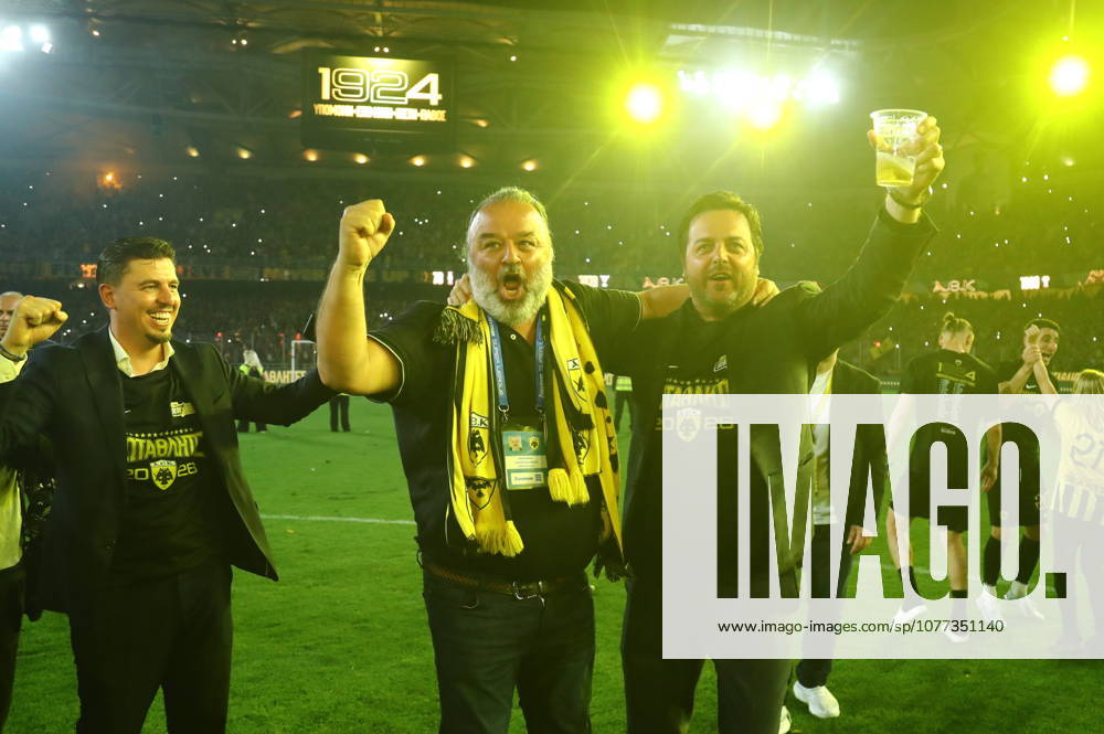 SuperLeague Greece Playoffs AEK FC vs Panathinaikos - Players of AEK FC celebrate the winning of the Championship right after the SuperLeague Play-Offs soccer match between AEK FC vs Panathinaikos that they won by 1-0 in Athens, Greece, 10 May 2026. IMAGO ONE INCH PRODUCTIONS PIRAEUS Greece