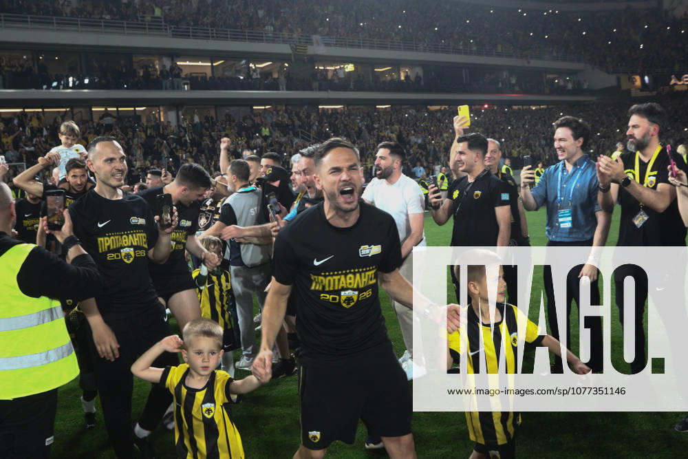 SuperLeague Greece Playoffs AEK FC vs Panathinaikos - Players of AEK FC celebrate the winning of the Championship right after the SuperLeague Play-Offs soccer match between AEK FC vs Panathinaikos that they won by 1-0 in Athens, Greece, 10 May 2026. IMAGO ONE INCH PRODUCTIONS PIRAEUS Greece