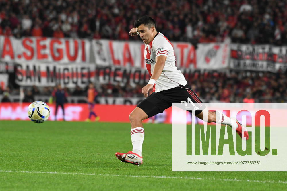 River Plate v San Lorenzo - Torneo Apertura 2026 River Plate player Marcos Acuna strikes the ball during an offensive play by the home team in a 2026 League Cup Playoff match between River Plate and San Lorenzo at the Estadio Monumental on May 10, 2026. Buenos Aires Argentina