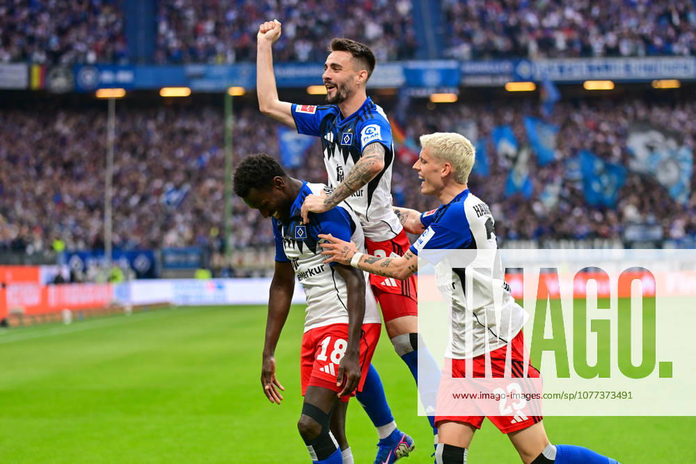 Soccer I Men I Season 2025 2026 I Bundesliga I 33 Matchday I Hamburger SV SC Freiburg I 10 05 2026 Goal celebration, jubilation, enthusiasm, euphoria, joy, happiness, cheerfulness at Bakery Jatta 18, Hamburger SV , Fabio Vieira 20, Hamburger SV and Albert Gronbaek, Albert Gronbaek 23, Hamburger SV