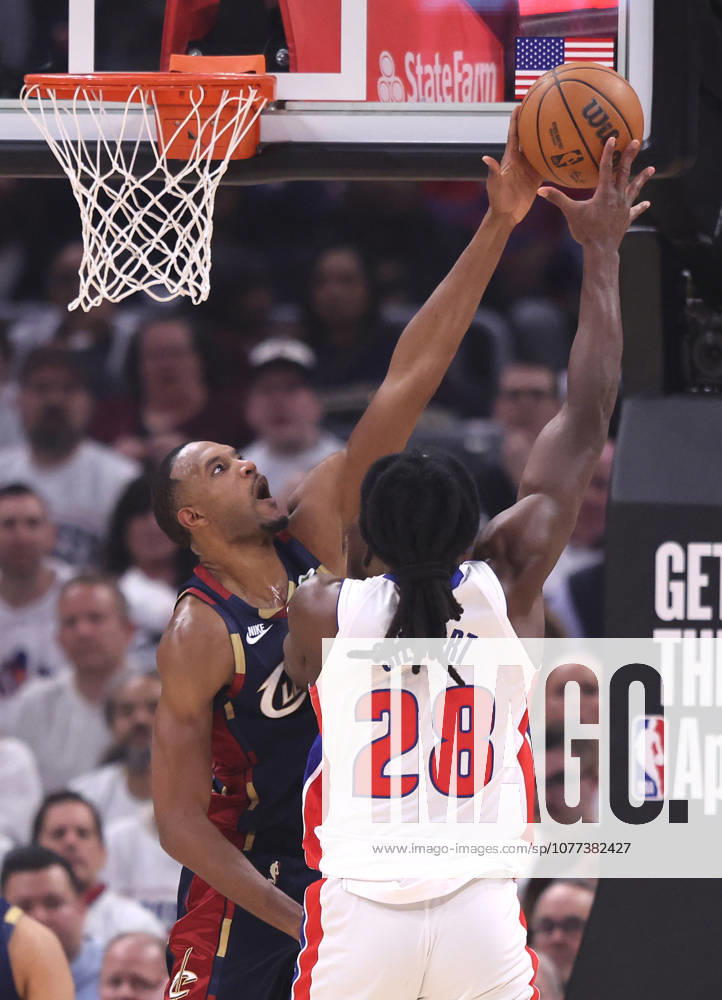 Cleveland Cavaliers Evan Mobley (4) blocks the shot of Detroit Pistons Isaiah Stewart (28) in the first quarter in Cleveland, Ohio Monday May 11, 2026. CLE20260511107 AARONxJOSEFCZYK