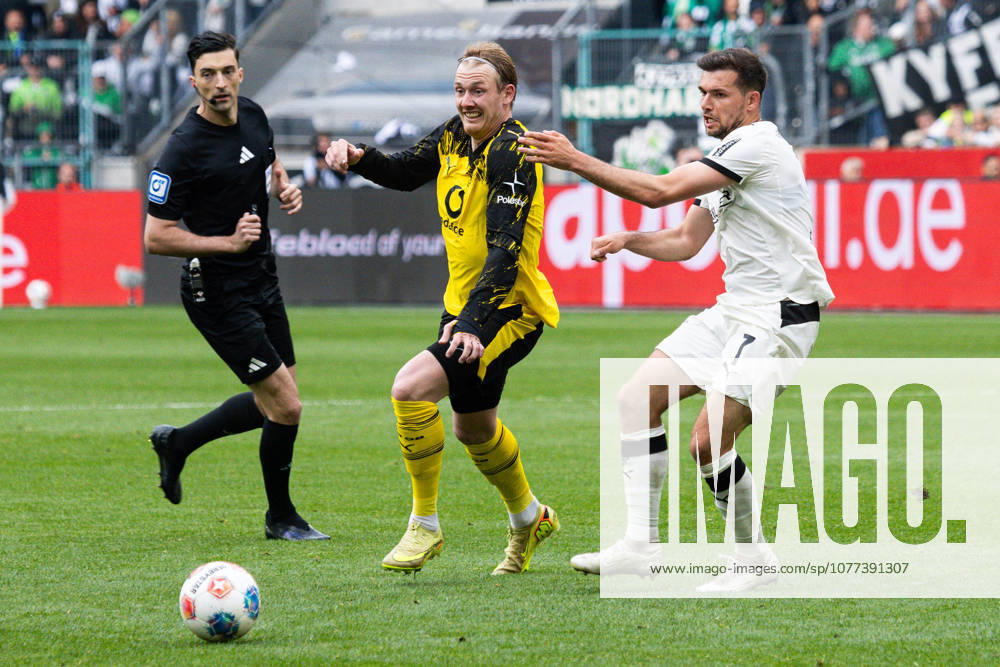 Mönchengladbach, Germany 03 May 2026 1 BL 2025 2026 Sp 32 Borussia Mönchengladbach v Borussia Dortmund Pictured from left in duel Julian Brandt BVB and Kevin Stöger Stoeger BMG DFL regulations prohibit any use of photographs as image sequences and or quasi video Borussia Park Nordrhein Westfalen