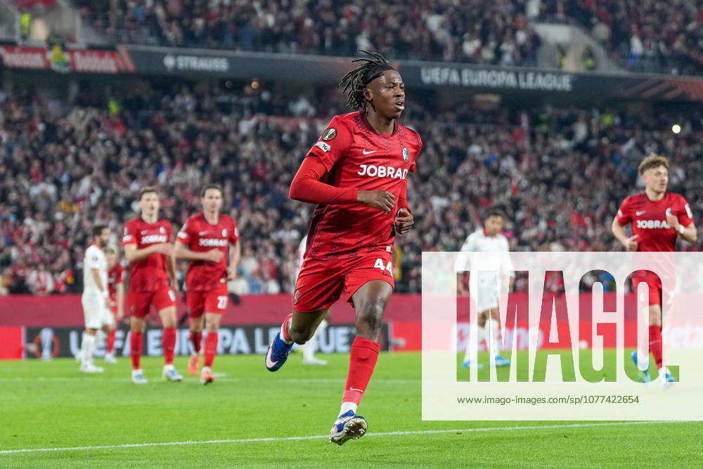 Johan Manzambi SC Freiburg, 44 goal celebration, emotions, goal shot, goal, goal, goal, Germany, football, UEFA Europa League, semi-final, second leg, 2025 2026, SC Freiburg vs SC Braga, 07 05 2026, Europa Park Stadion, Freiburg Europa Park Stadion Baden Württemberg Germany