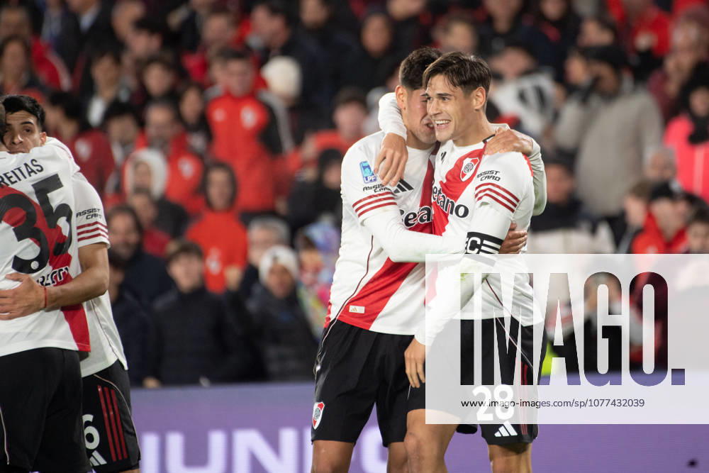 River Plate v Gimnasia y Esgrima La Plata - Torneo Apertura 2026 River Plate players embrace in celebration of a goal scored by Lucas Martinez Quarta during the 2026 League Cup playoff match between River Plate and Gimnasia y Esgrima de La Plata at the Monumental Stadium on May 13, 2026. Buenos Aires Argentina