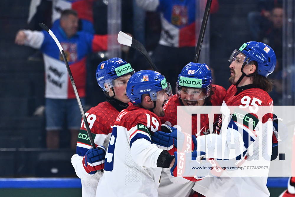 From right Daniel Vozenilek, David Tomasek and Jakub Flek celebrate a goal during the IIHF World Championship, WM, Weltmeisterschaft Group B match Czech Republic vs Denmark on May 15, 2026, Fribourg, Switzerland. (CTKxPhoto RadekxPetrasek) CTKPhotoP2026051508200 CTKPhotoP2026051508200