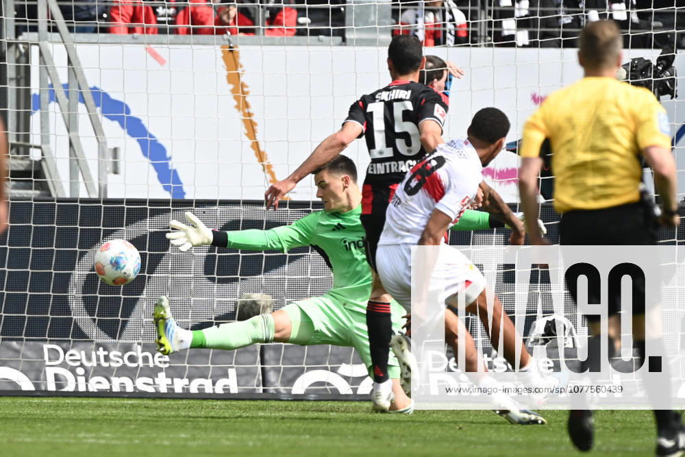 Nikolas NARTEY S scores the goal to 0 2, against goalkeeper Michael ZETTERER F Football 1 Bundesliga season 2025 2026, 34 Spieltag, Spieltag34, matchday34, Eintracht Frankfurt F VfB Stuttgart S on 16 05 2026 Deutsche Bank Park Frankfurt DFL regulations prohibit any use of photographs as image sequences and or quasi video Â