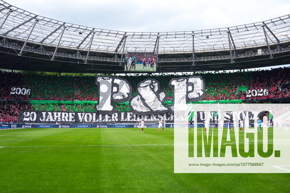 Herren, Fußball, 2 Bundesliga, Hannover 96 1 FC Nürnberg, Saison 2025 2026, Heinz von Heiden Arena Choreography of the fans of Hannover 96 with the inscription 20 Jahre voller Leidenschaft und Stolz DFB regulations prohibit any use of photographs as image sequences and or quasi video