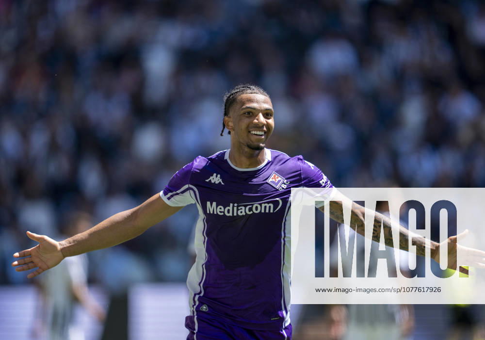 (260518) -- TURIN, May 18, 2026 -- Fiorentina s Cher Ndour celebrates his goal during a Serie A football match between Juventus and Fiorentina in Turin, Italy, May 17, 2026. (Str Xinhua) (SP)ITALY-TURIN-FOOTBALL-SERIE A-JUVENTUS VS FIORENTINA LixJing