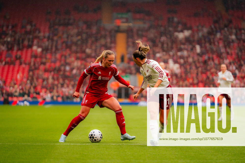 LIVERPOOL, ENGLAND- MAY 16: Katie McCabe defends against Alice Bergstrom at Anfield Stadium for the match of Liverpool FC v Arsenal in the Barclays Womens Super League