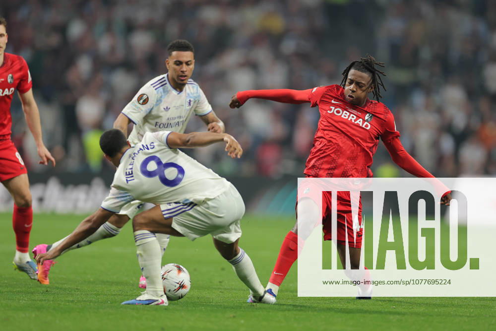 Johan Manzambi (44) of Freiburg and Youri Tielemans (8) of Aston Villa during the UEFA EUROPA League final match between Freiburg and Aston Villa at Besiktas Tupras Stadium on May 20, 2026 in Istanbul, Turkey. (Photo by Seskimphoto ) Freiburg v Aston Villa - UEFA EUROPA League Final