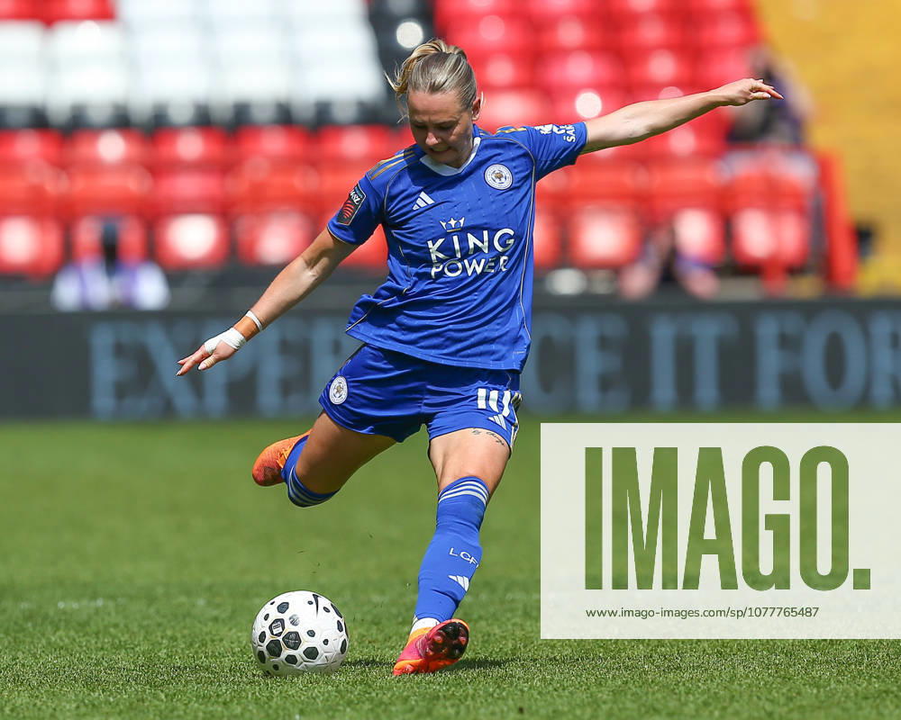 Emma Jansson of Leicester City on the ball during the Barclays Womens Super League Play-Off match between Charlton Athletic and Leicester City at The Valley on May 23, 2026 in London, England.