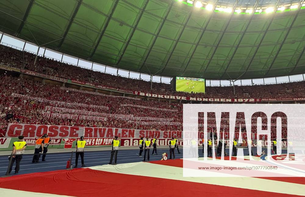 Football DFB Cup 2025 2026, Final, FC Bayern Munich VfB Stuttgart, at the Olympiastadion Berlin Protest of Bayern fans DFL and DFB regulations prohibit any use of photographs as image sequences and or quasi video
