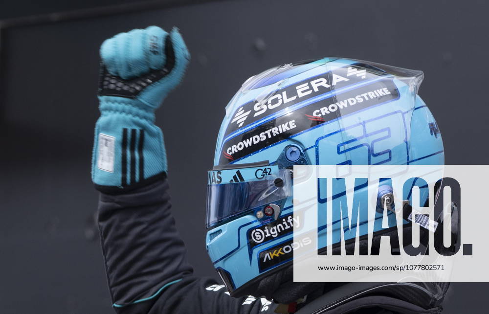 Mercedes driver George Russell, of the United Kingdom, celebrates after taking pole for qualifying at the Formula One auto racing Canadian Grand Prix in Montreal on Saturday, May 23, 2026. Canada News - May 23, 2026 - ZUMAc35_ 20260523_zaf_c35_105